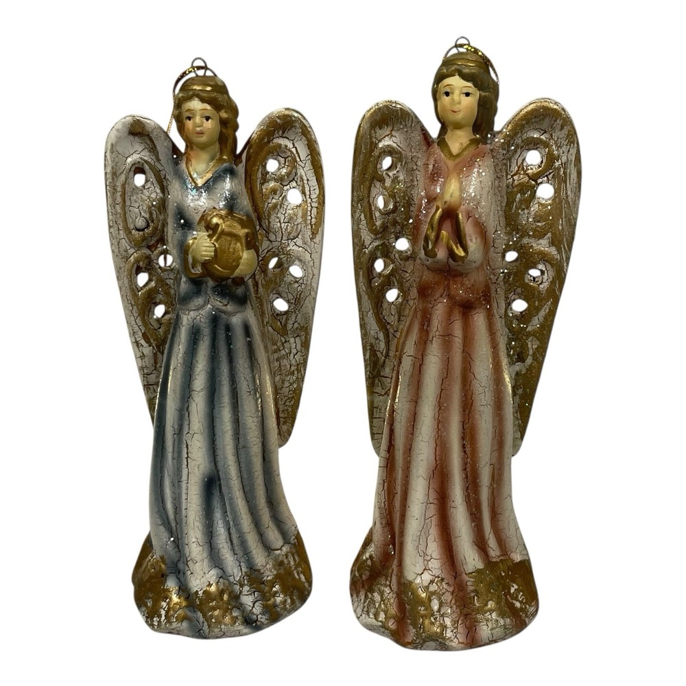 VTG Style Resin Angel Ornaments Set of 2 Crackle Glaze Gold Wings Harp Decor